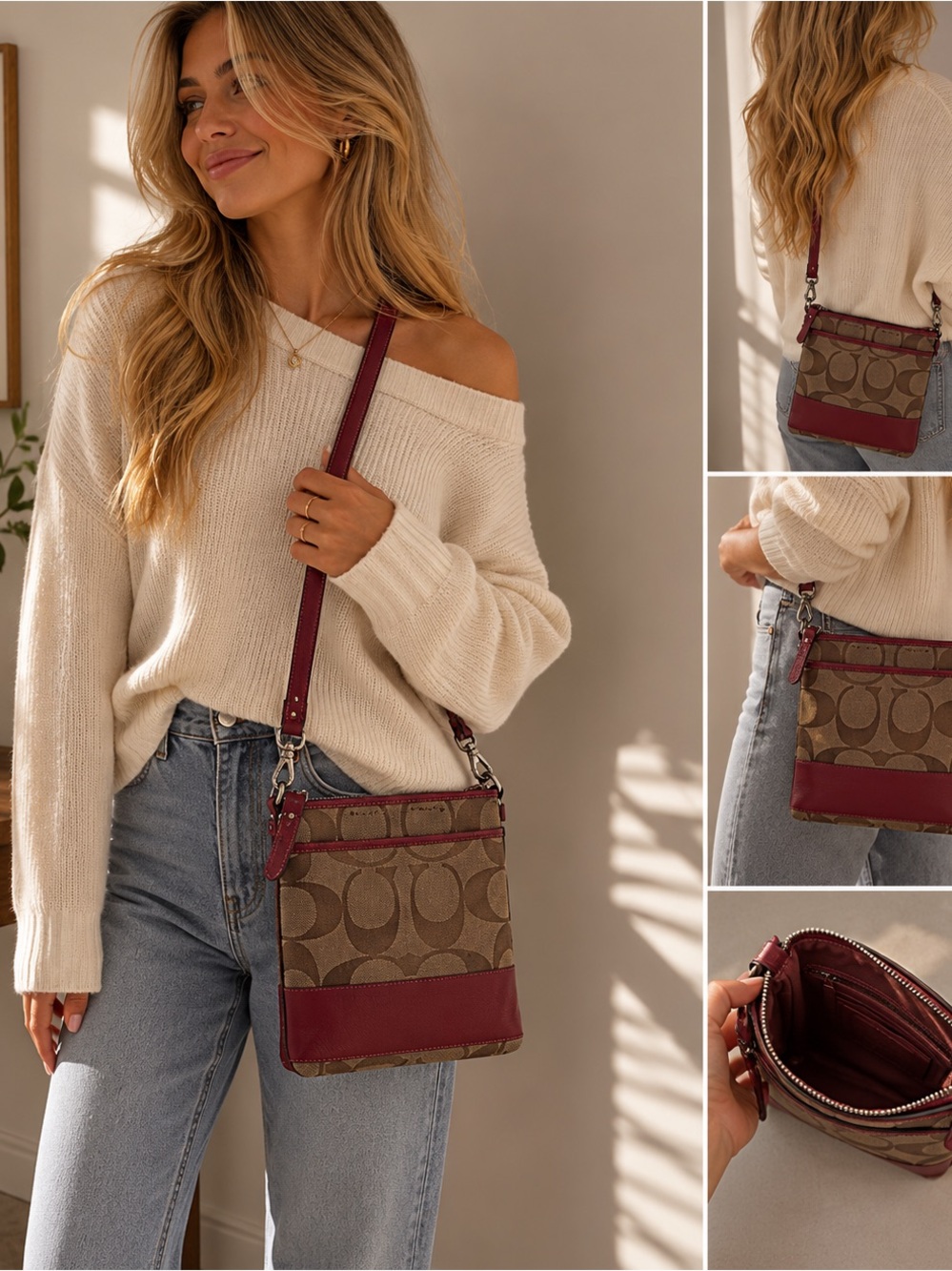 Coach Signature Jacquard Crossbody Bag Brown Tan Red Trim Swingpack Authentic